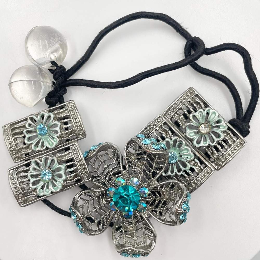 VTG Silver Tone Teal Rhinestone Flower Statement Hair Tie Elastic Bubble Bead